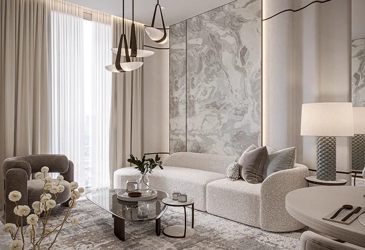 113 Residences — official living-room render with a pale lounge and marble wall