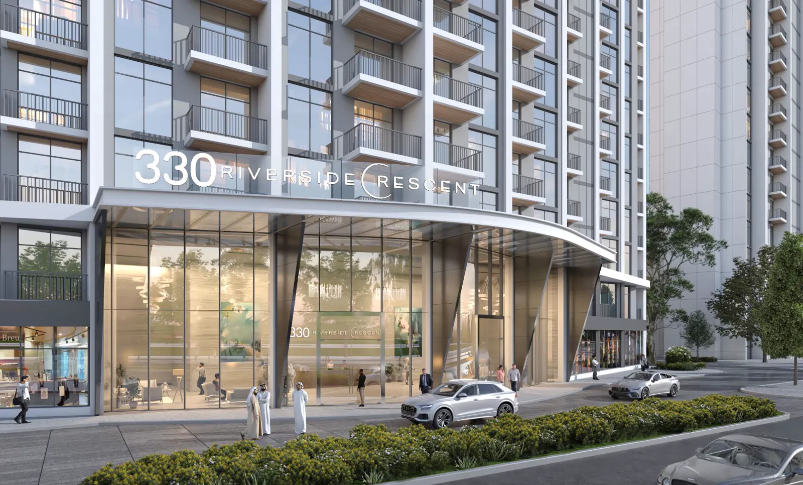 330 Riverside Crescent — entrance driveway render with tower signage