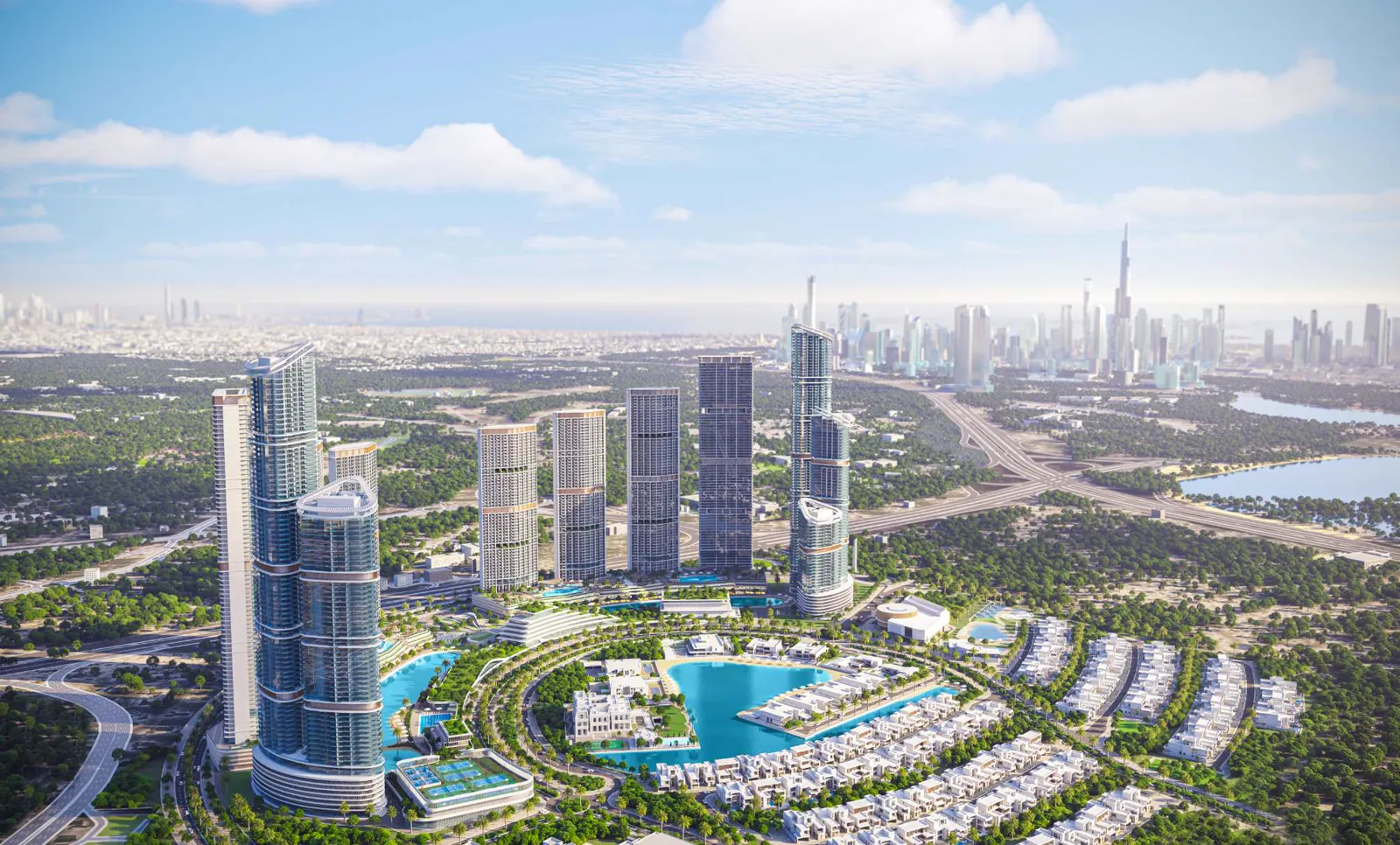 Riverside Crescent cluster overview render including the 330 tower