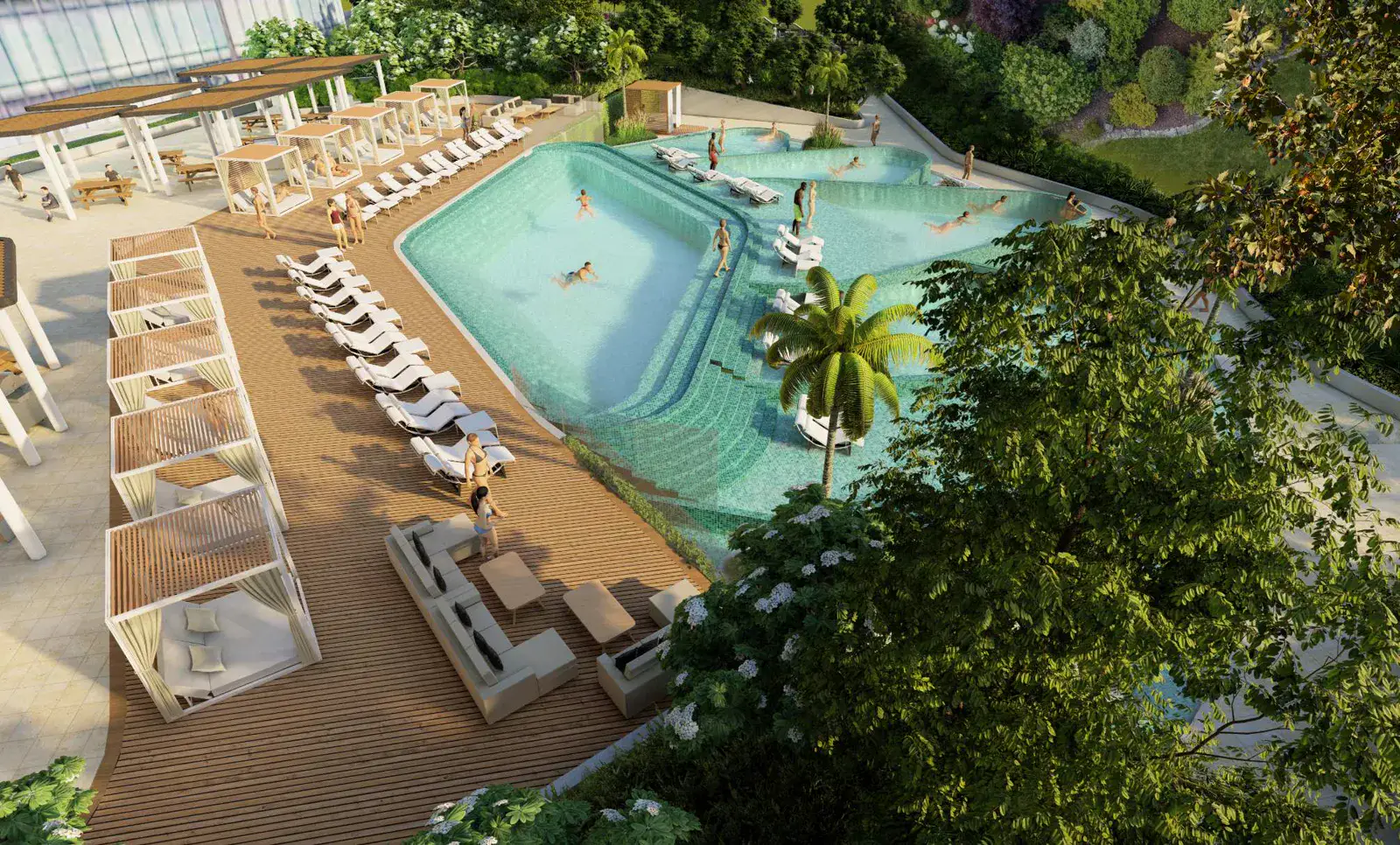 330 Riverside Crescent — indicative podium amenity deck render with pool