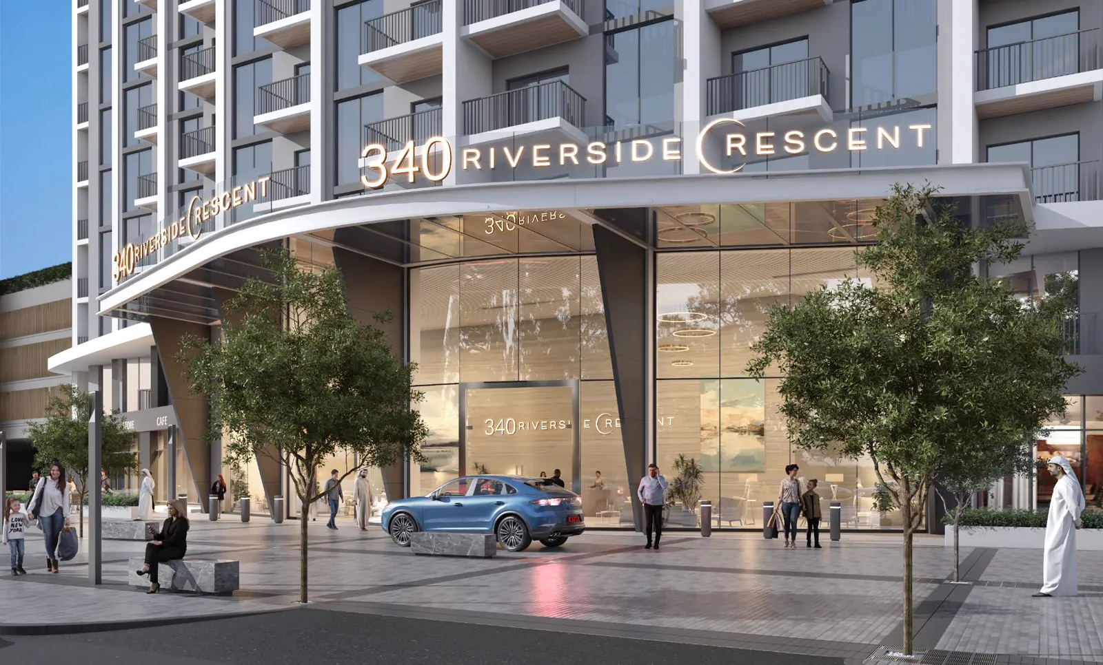 340 Riverside Crescent — entrance render with project signage