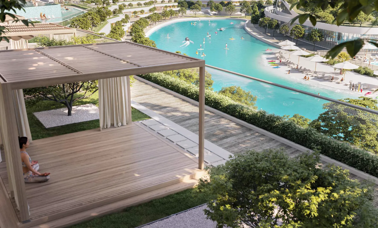 340 Riverside Crescent — lagoon-facing terrace render