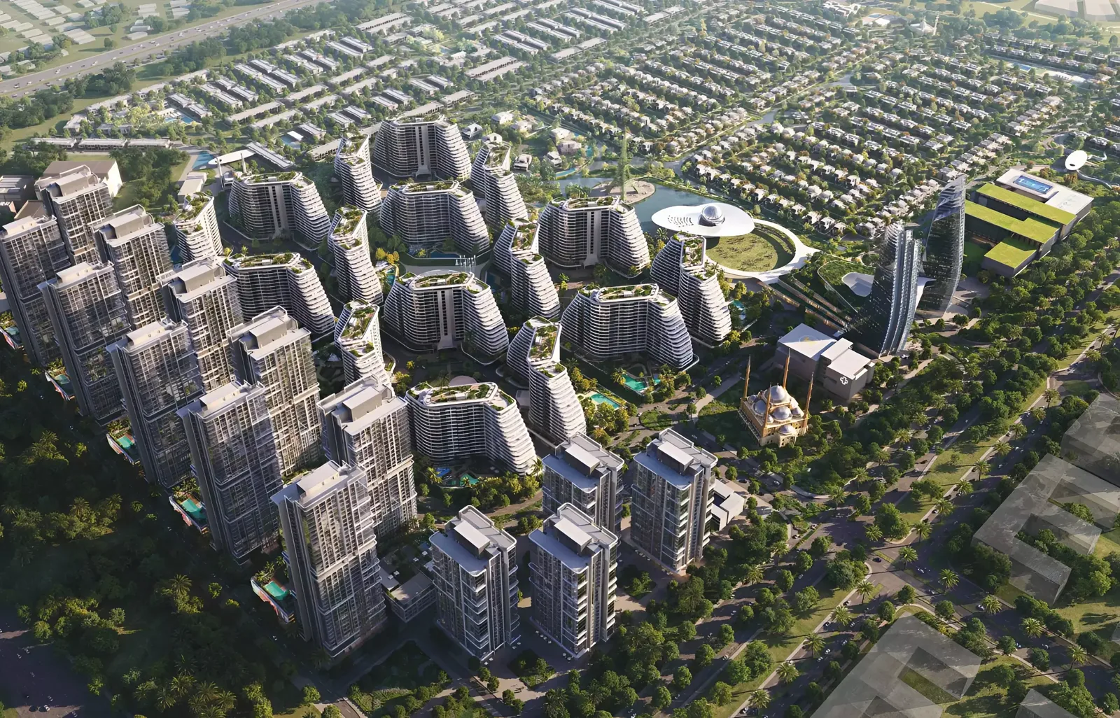 Leftover Property Finder Waada aerial — Altura-style towers, Cascada cascading blocks, mosque and Eiffel replica