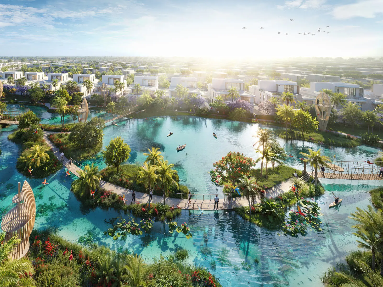 DAMAC Islands 2 parent — marketing exterior of multi-storey villa with pool courtyard (master context)