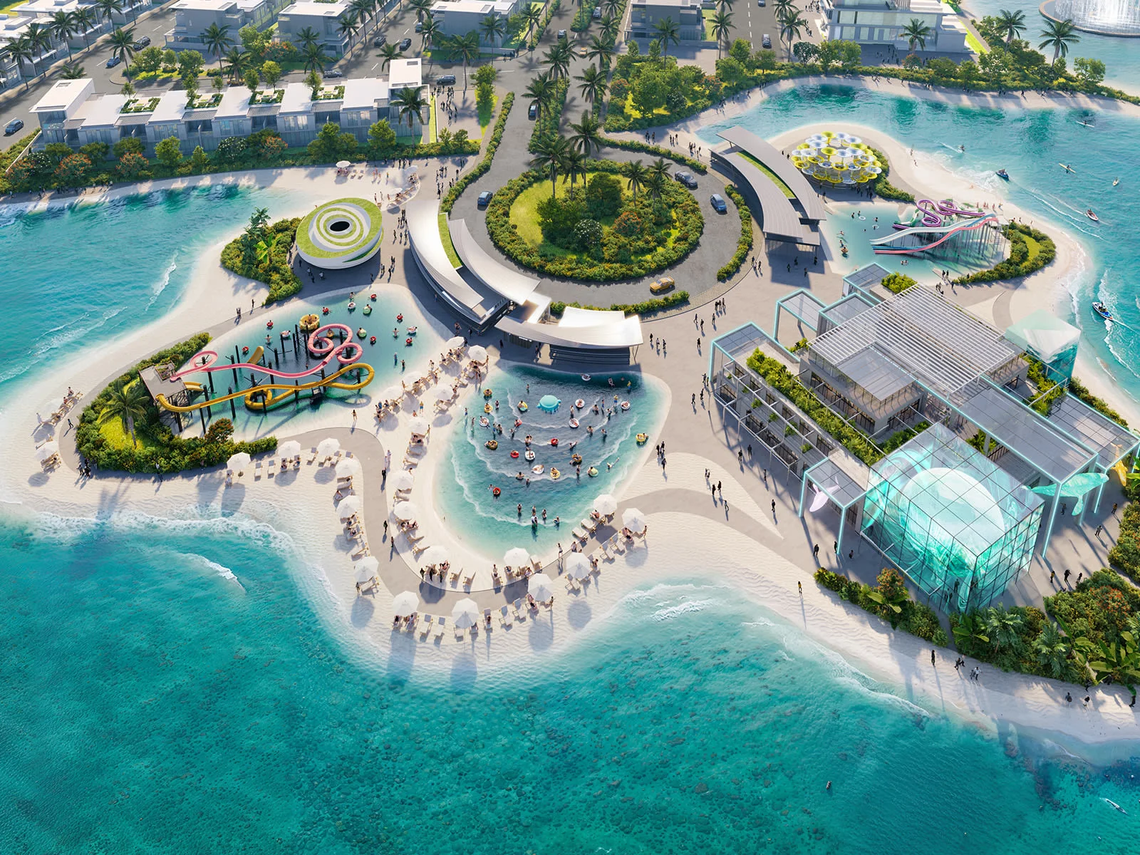 DAMAC Islands parent — official aerial of the beach hub, slides and glass pavilion