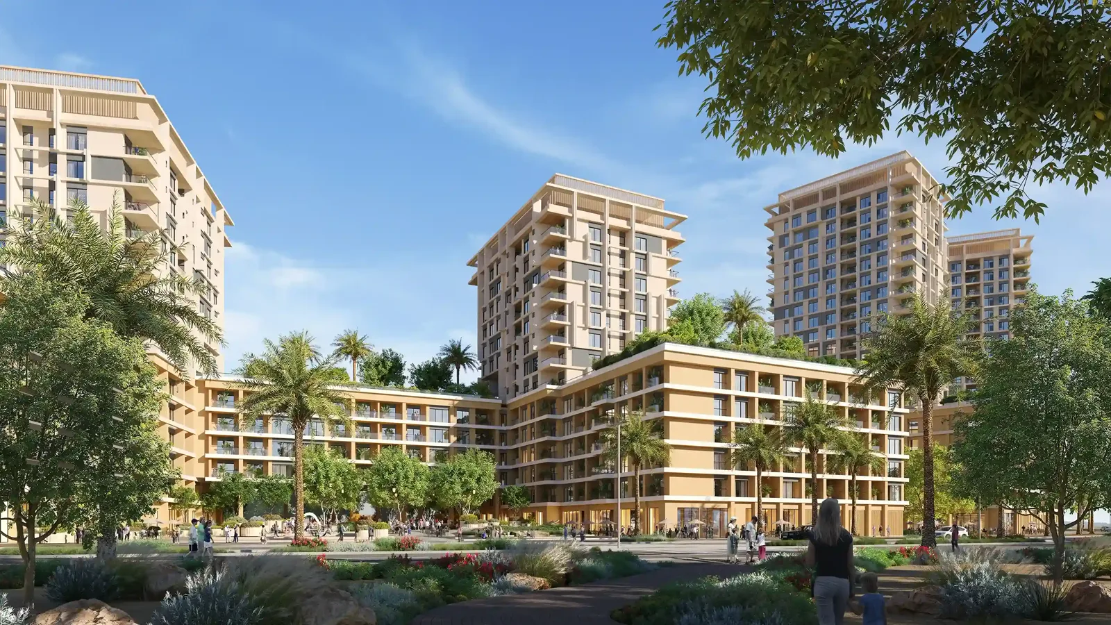 Boulevard Park at Wasl Gate — official daytime street elevation of beige mid-rise towers and podium