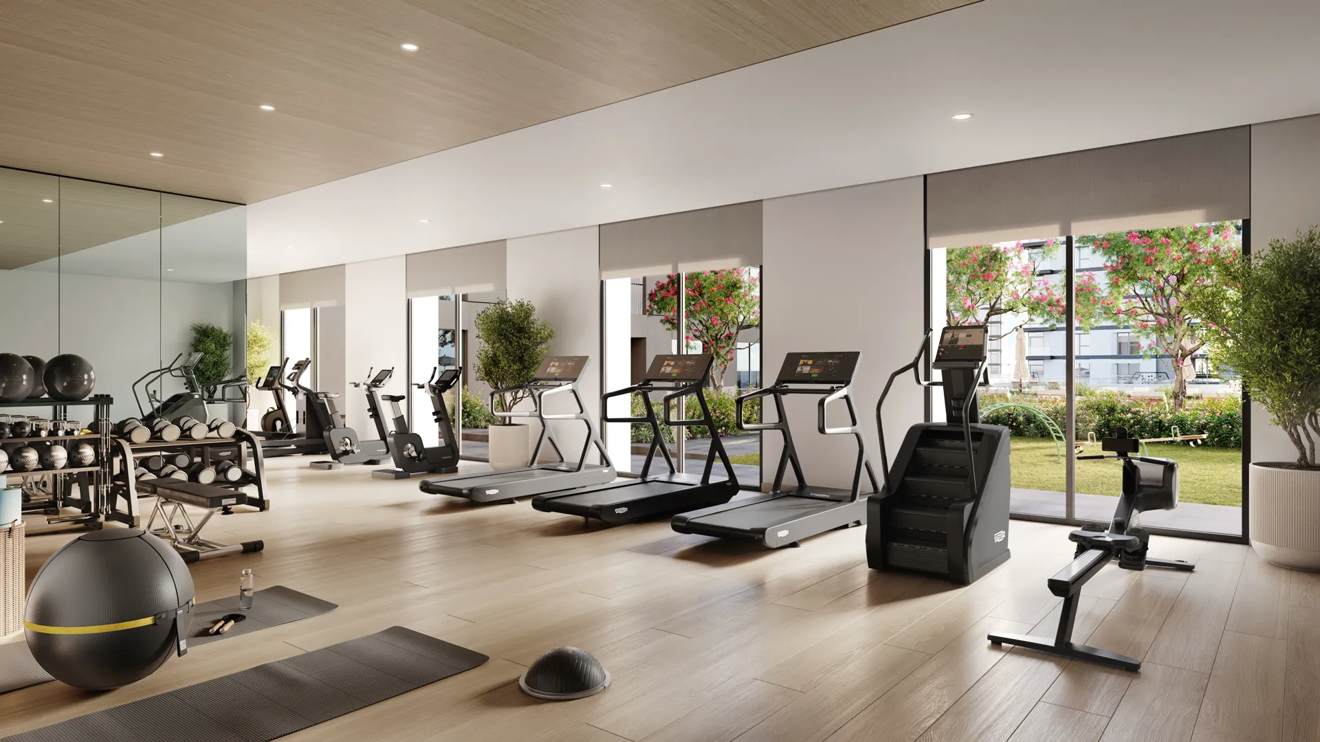 Camden — official gym render with treadmills facing a planted courtyard