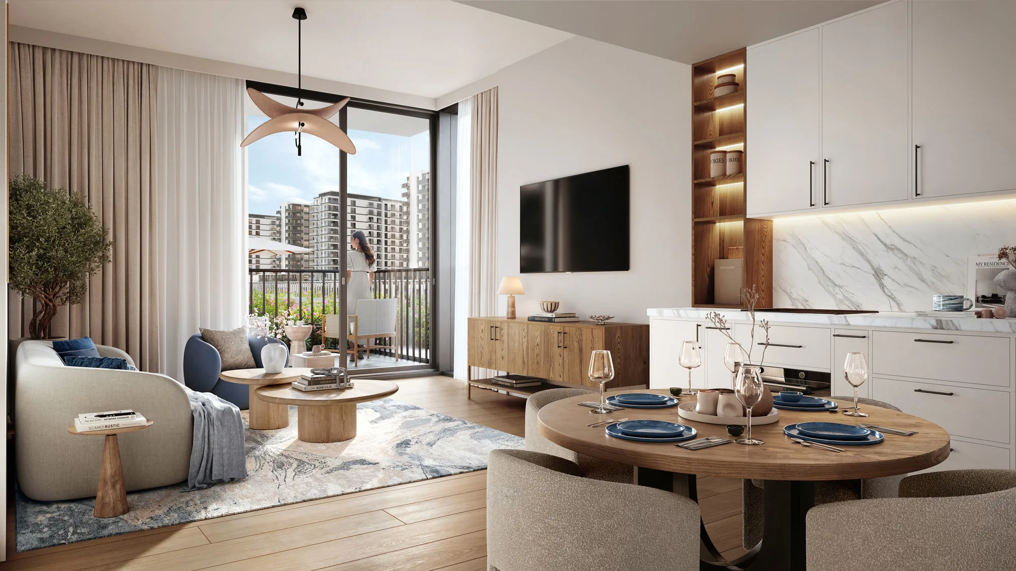 Camden — official living-room render with open kitchen, dining table and balcony
