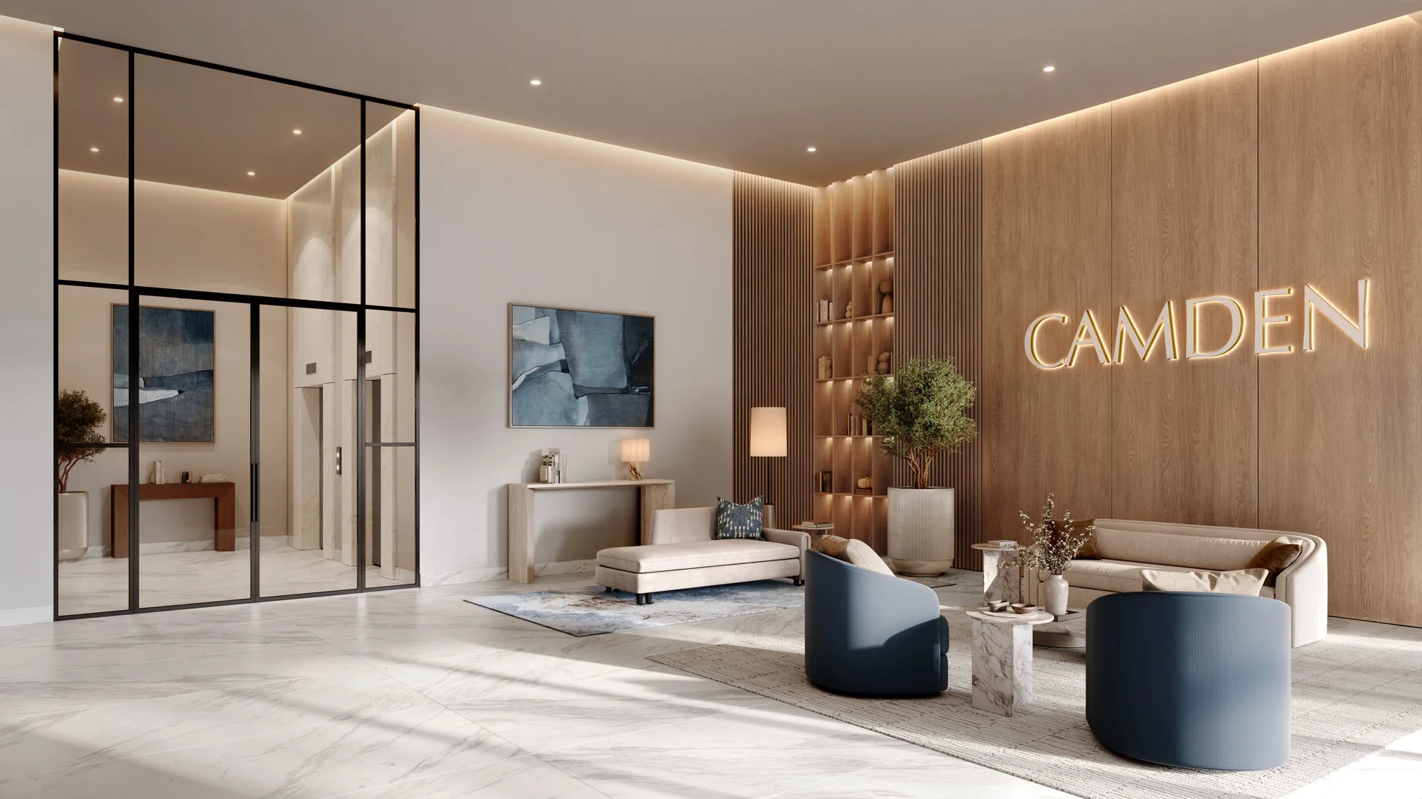 Camden — official lobby render with CAMDEN in gold letters on a wood wall