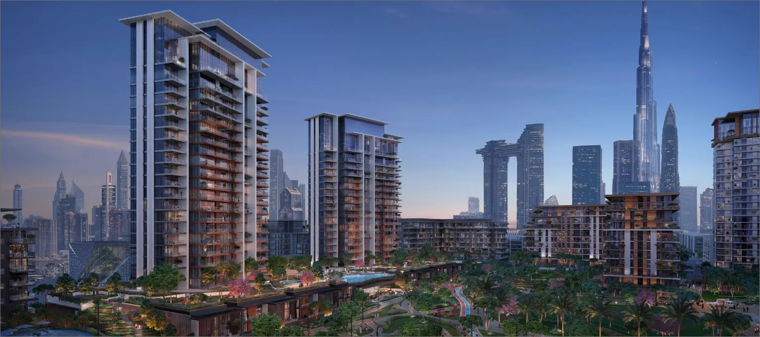 Central Park Plaza — towers over the park with the Downtown skyline render
