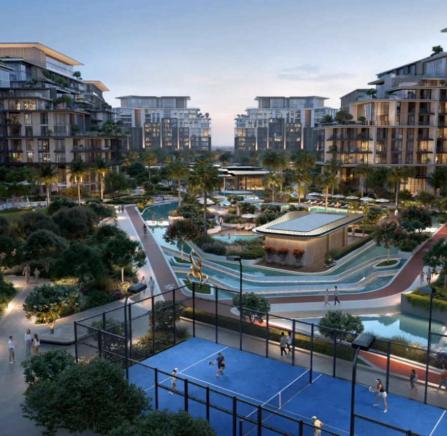 City Walk Crestlane — official Meraas courtyard with water features, padel court and mid-rise residences
