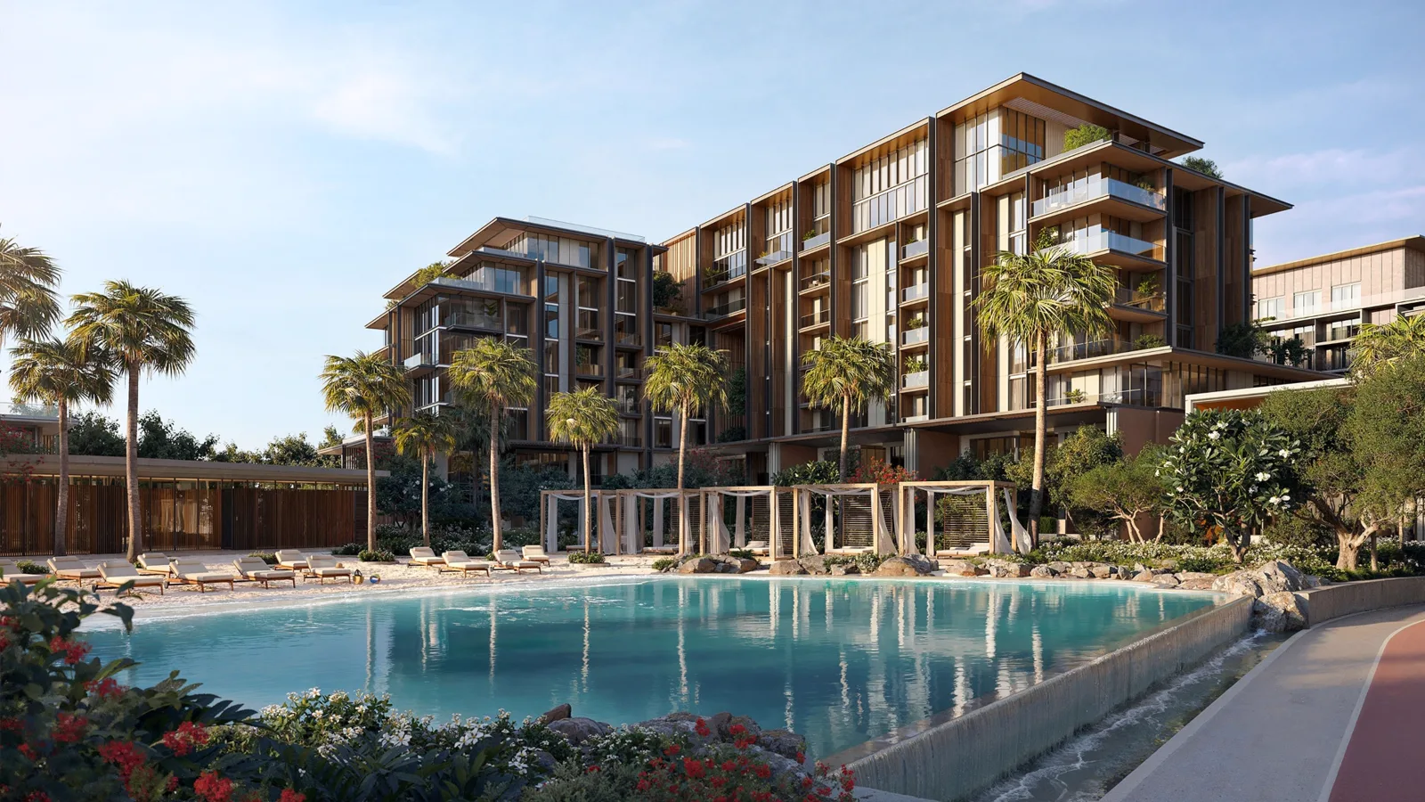 City Walk Crestlane — official Meraas launch exterior of a wood-clad mid-rise beside the pool