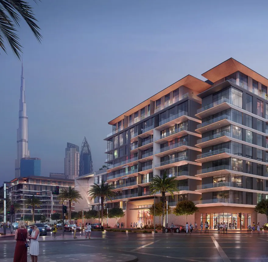 City Walk Northline — street-level exterior render at dusk