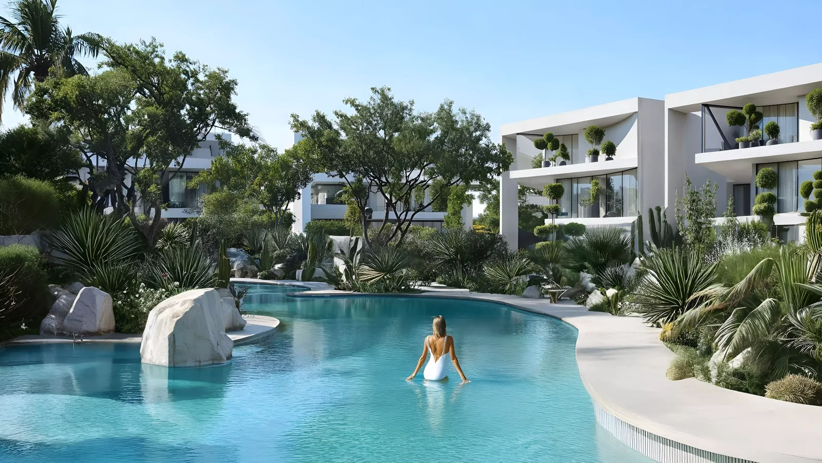 Cove at Lunaya Terraces — wide exterior marketing still with planted terraces