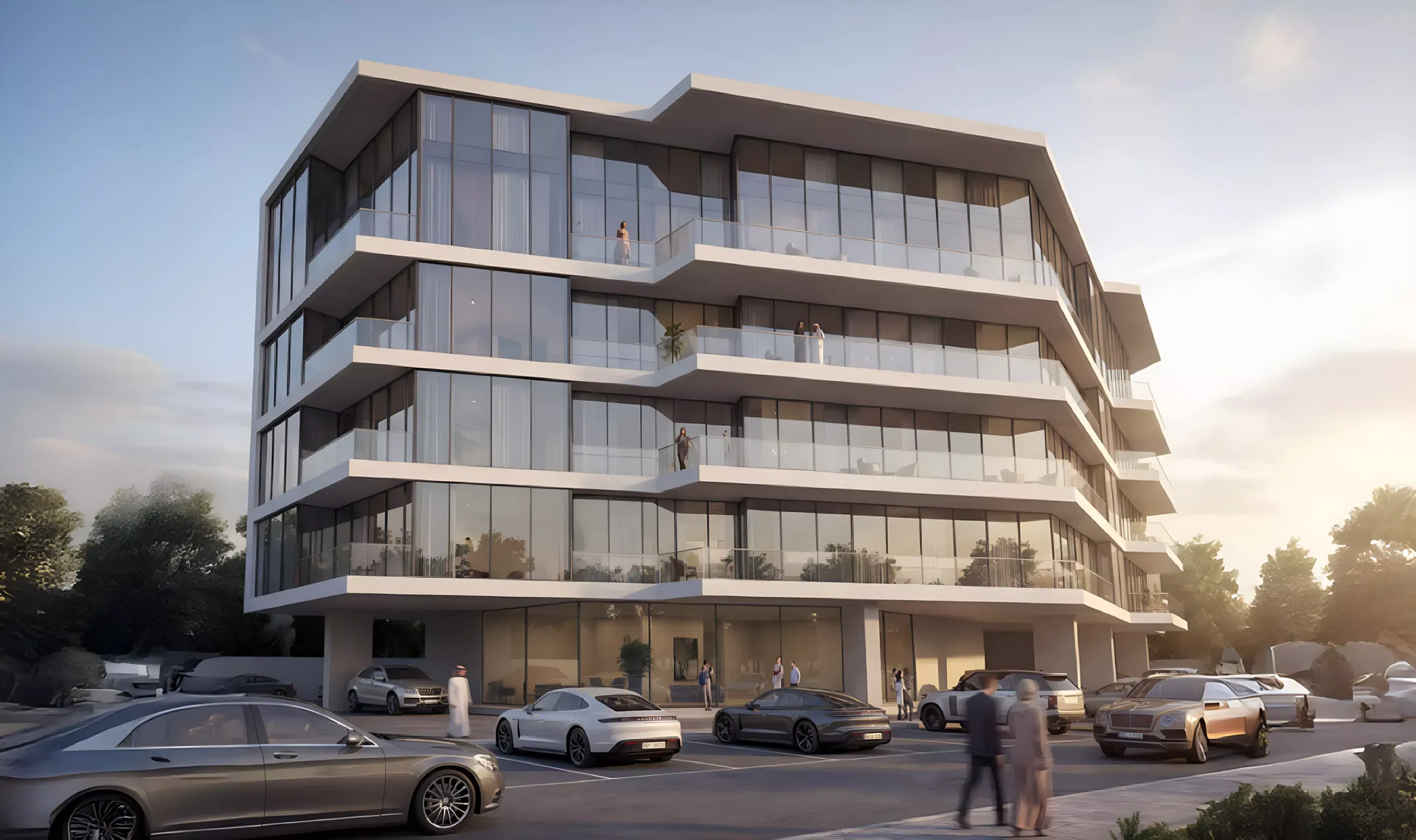 Cresswell Plaza — leftover Property Finder dusk street still of the white stacked-terrace facade and glass lobby