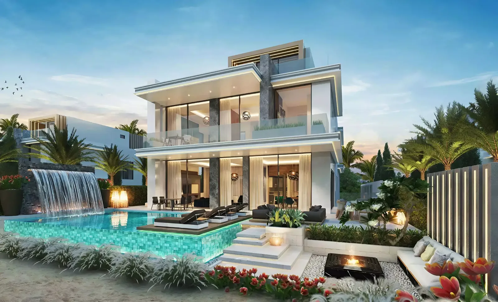 Damac Islands Phase 2 — Property Finder marketing exterior of a multi-storey villa with pool courtyard