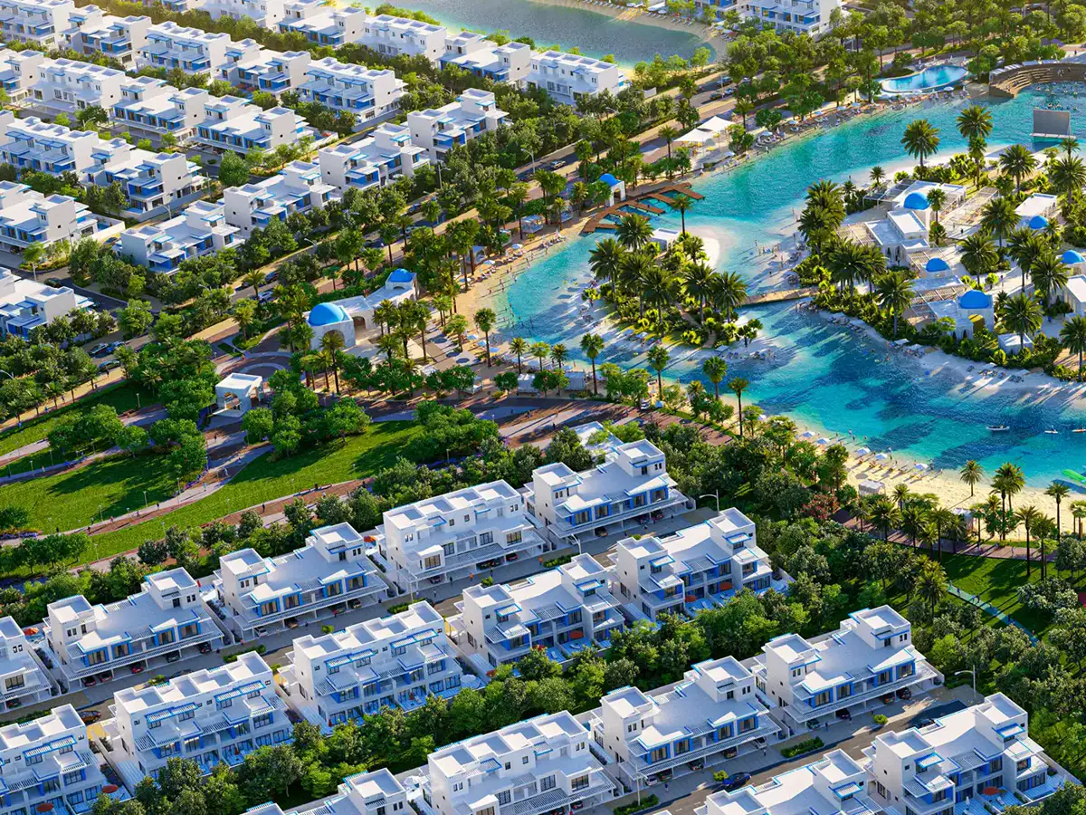 DAMAC Lagoons — aerial masterplan render of villa clusters and lagoons
