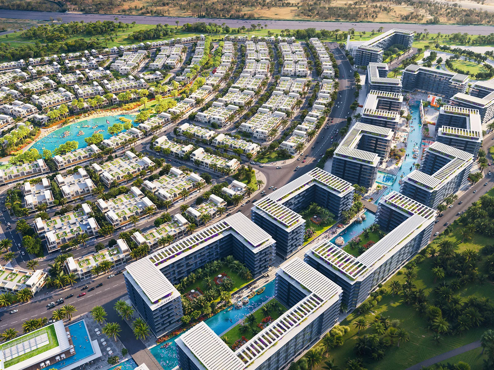 DAMAC Riverside — official aerial of villa pockets, lagoon and apartment canal