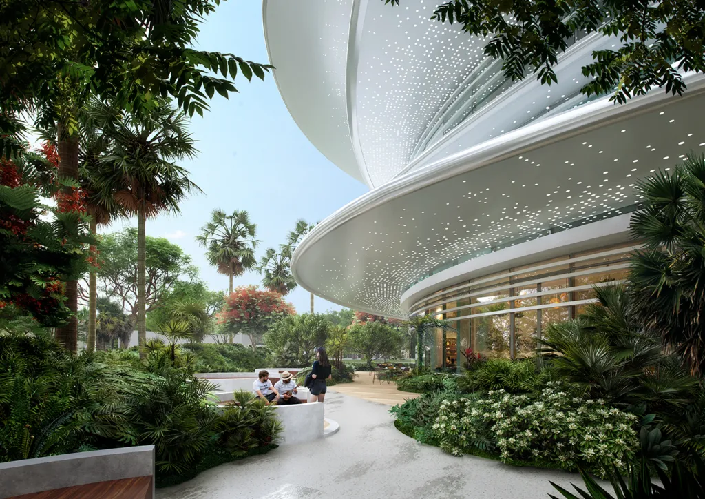 Serenia District — marketing still of landscaped amenity / clubhouse approach