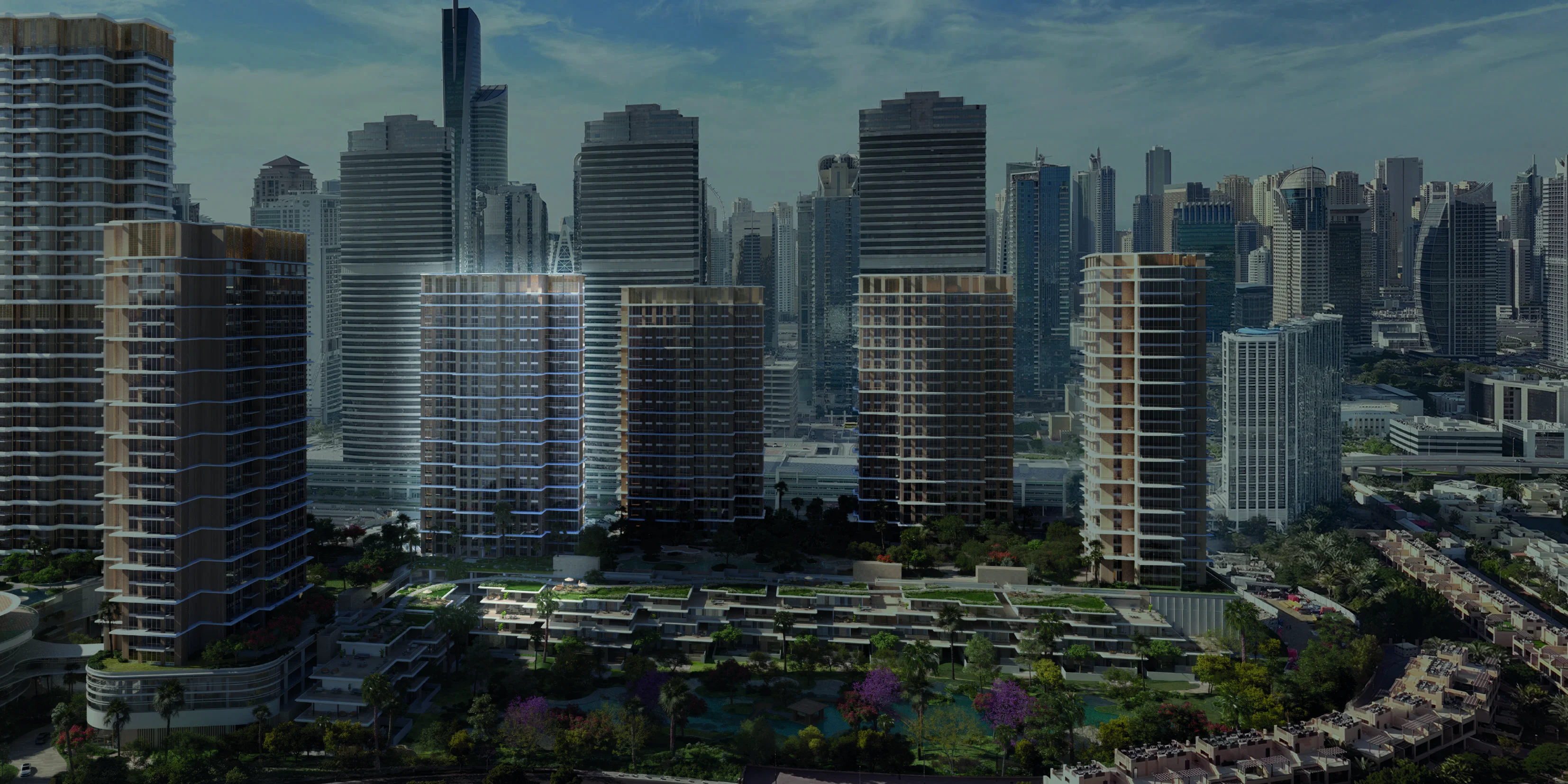 Serenia District marketing still — lakeside residential massing with open sky