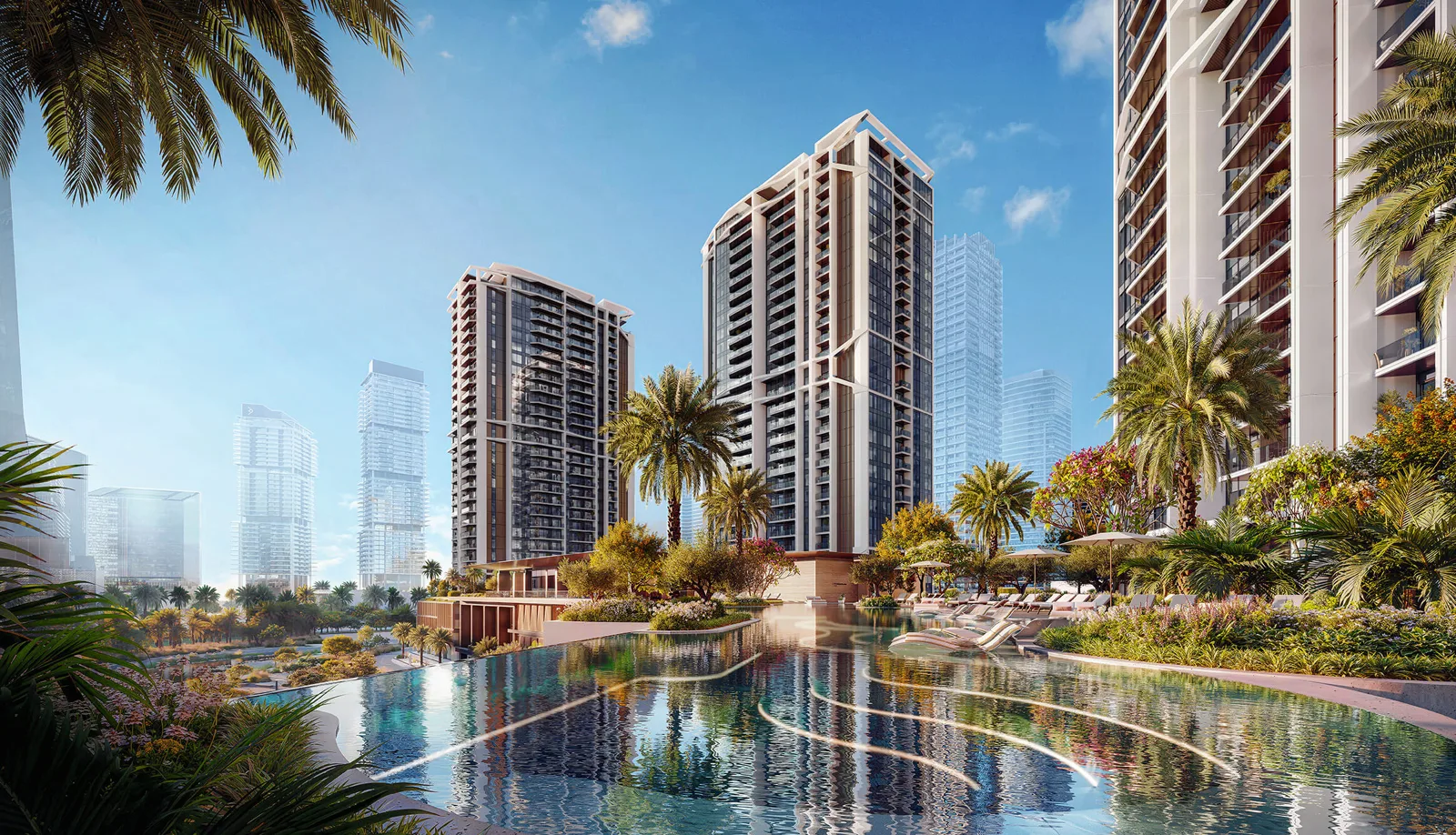 Eltiera Views — pool-deck and tower massing marketing still from Ellington official gallery