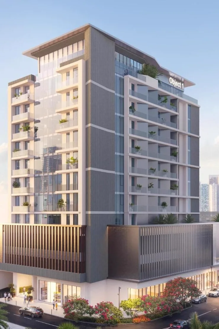 Evergr1n House 4 by Object 1 — closer marketing exterior with Object 1 crown, bronze podium and corner retail