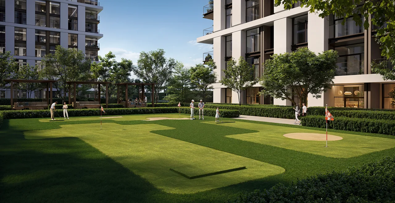Terra Heights at Expo Living — courtyard putting green between residential blocks