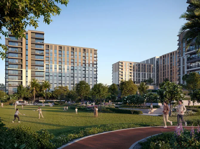 Expo Living residential blocks around a central green park
