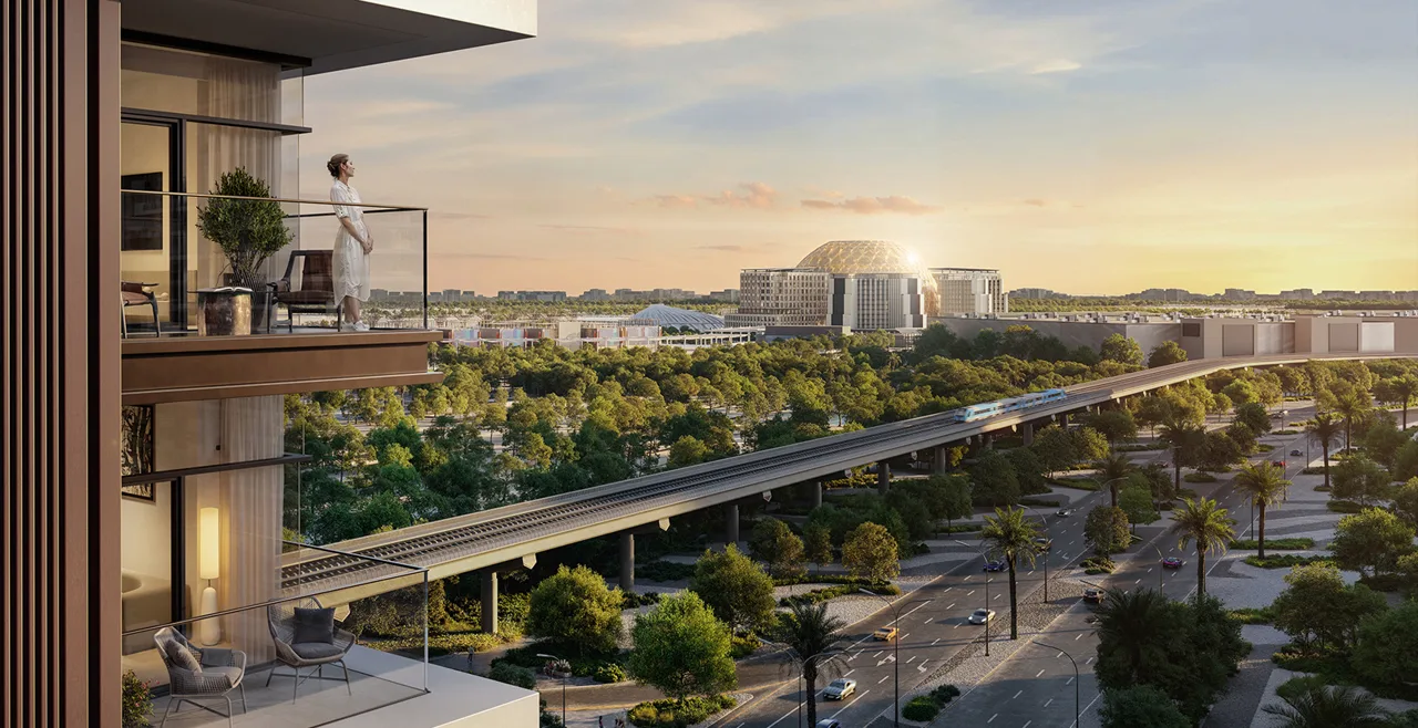 Expo Living lifestyle view toward Expo City Al Wasl dome and elevated transit