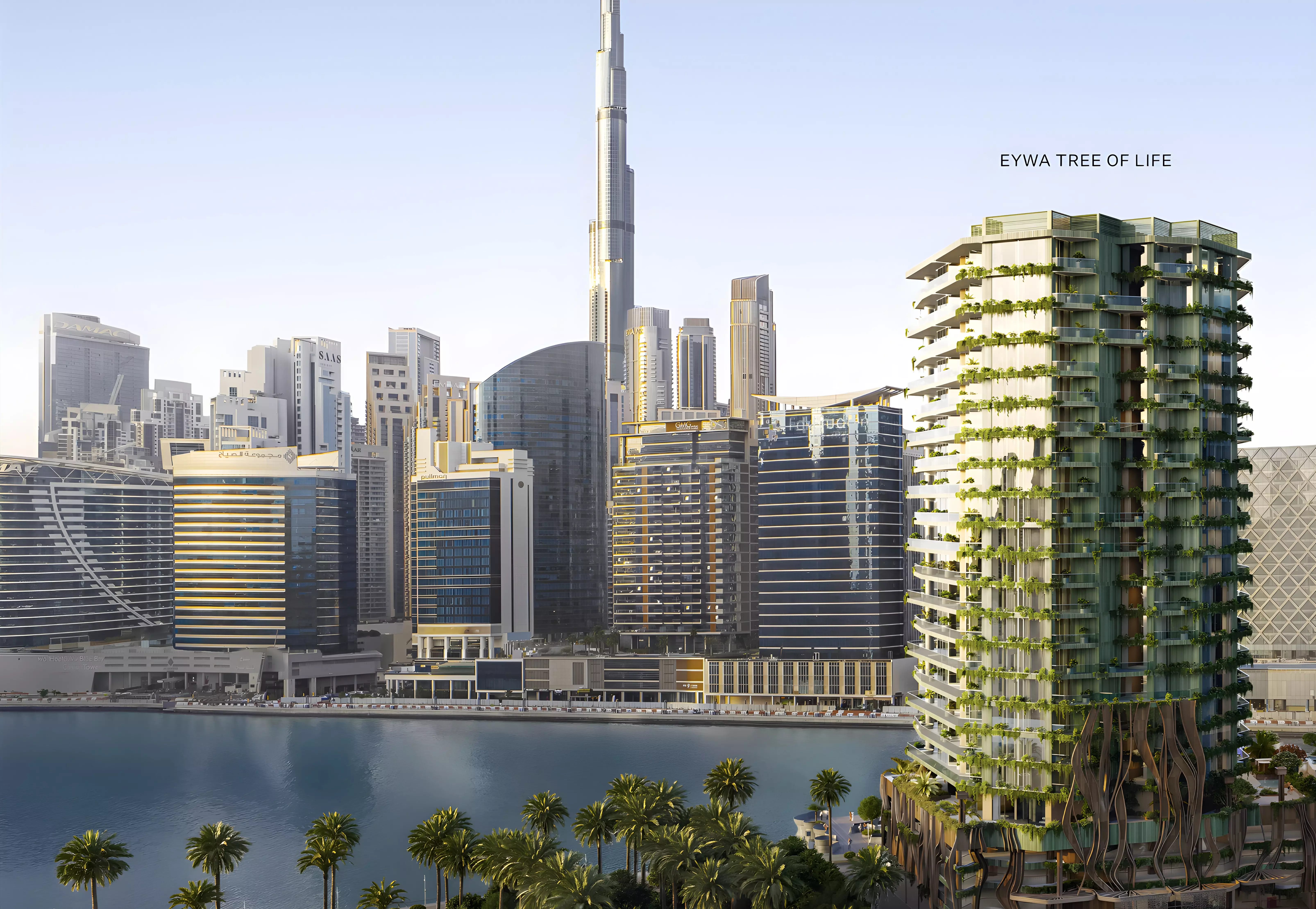 Eywa Tree of Life — canal-side marketing exterior with Downtown Dubai and Burj Khalifa skyline