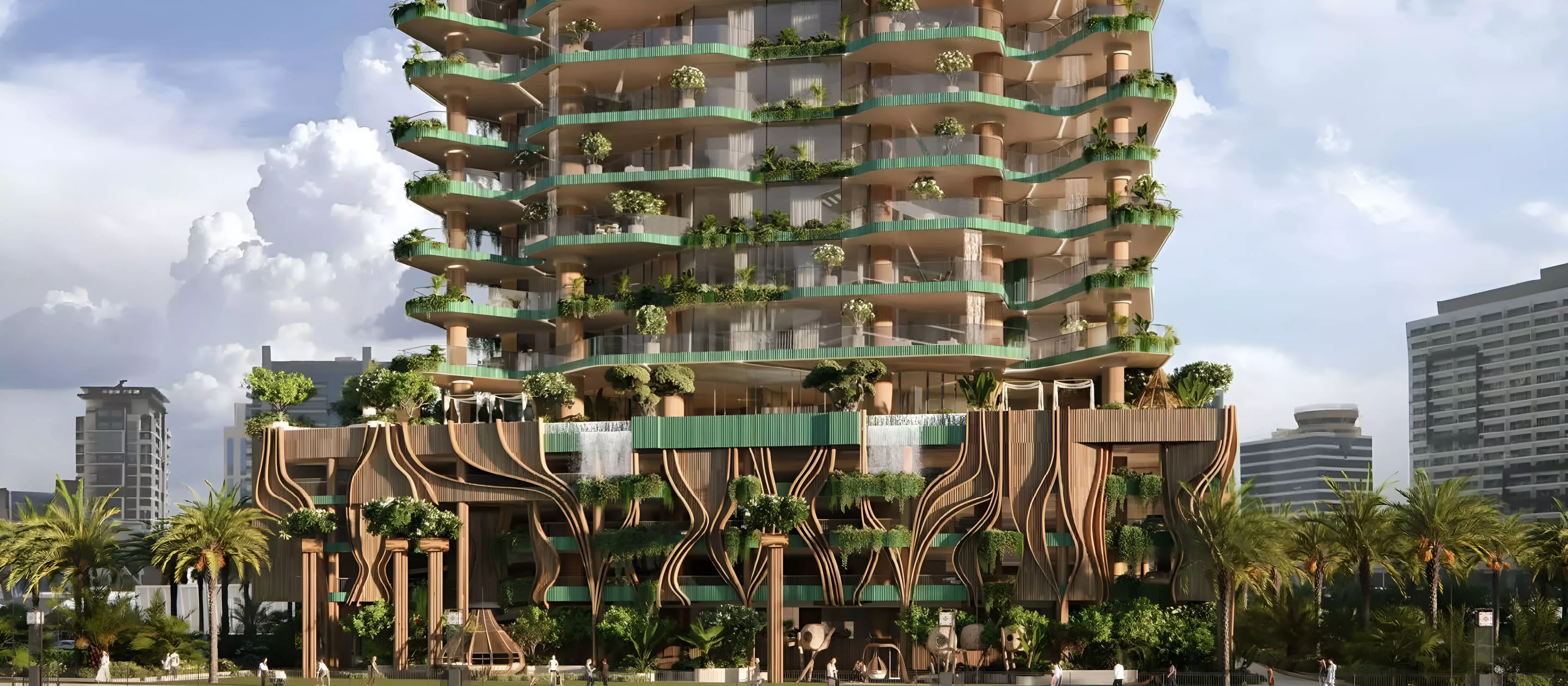 Eywa Tree of Life — close marketing exterior of the green terraced tower and root podium