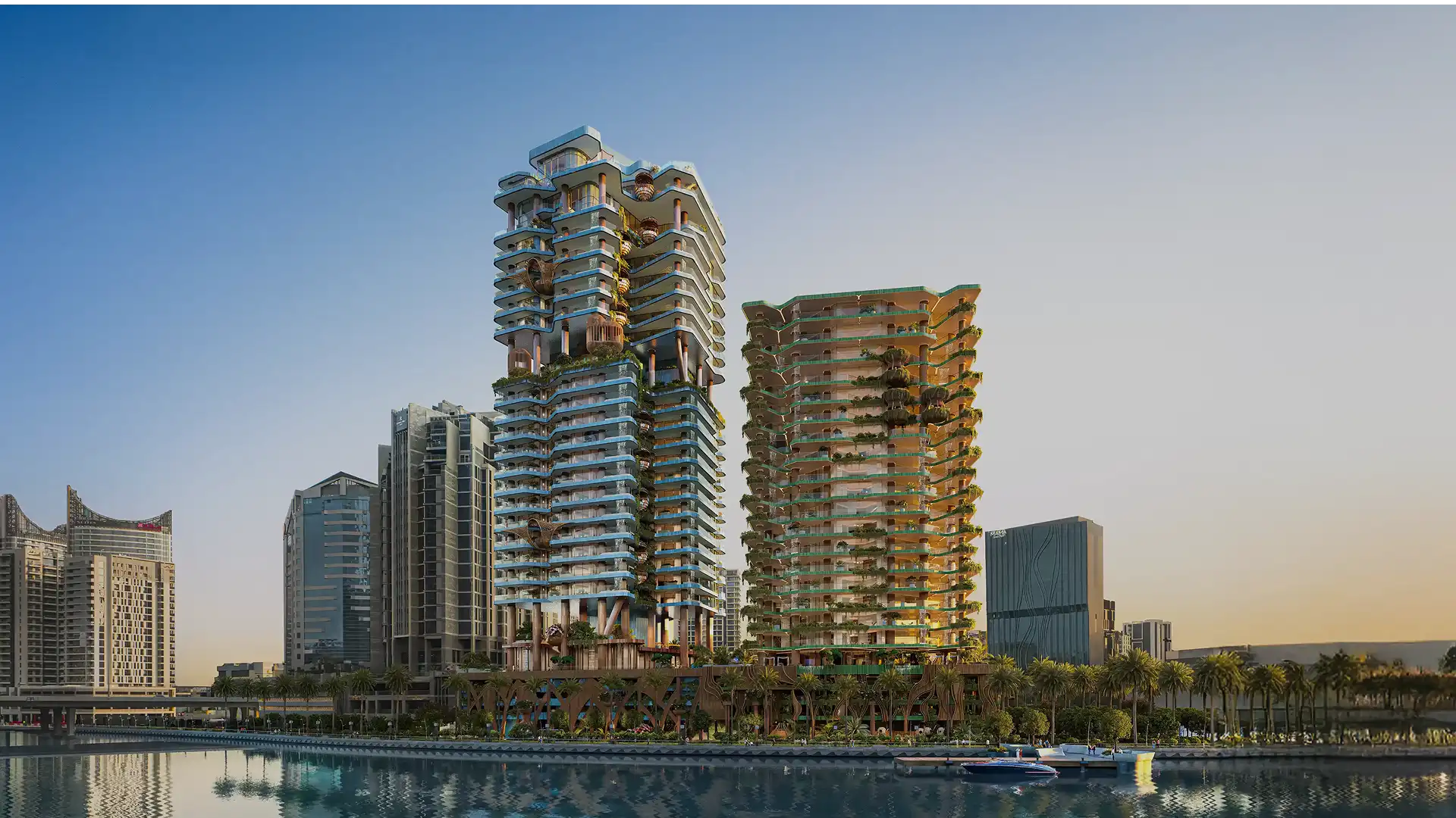 Official Eywa marketing hero showing Tree of Life with sibling Way of Water tower on the Dubai Water Canal