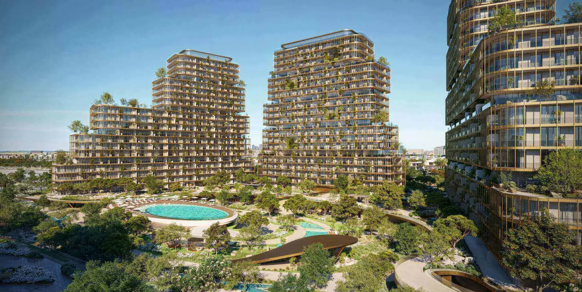 Hado by Beyond parent complex — official exterior marketing still of three sculpted towers (context for Phase 2 / Tower B)