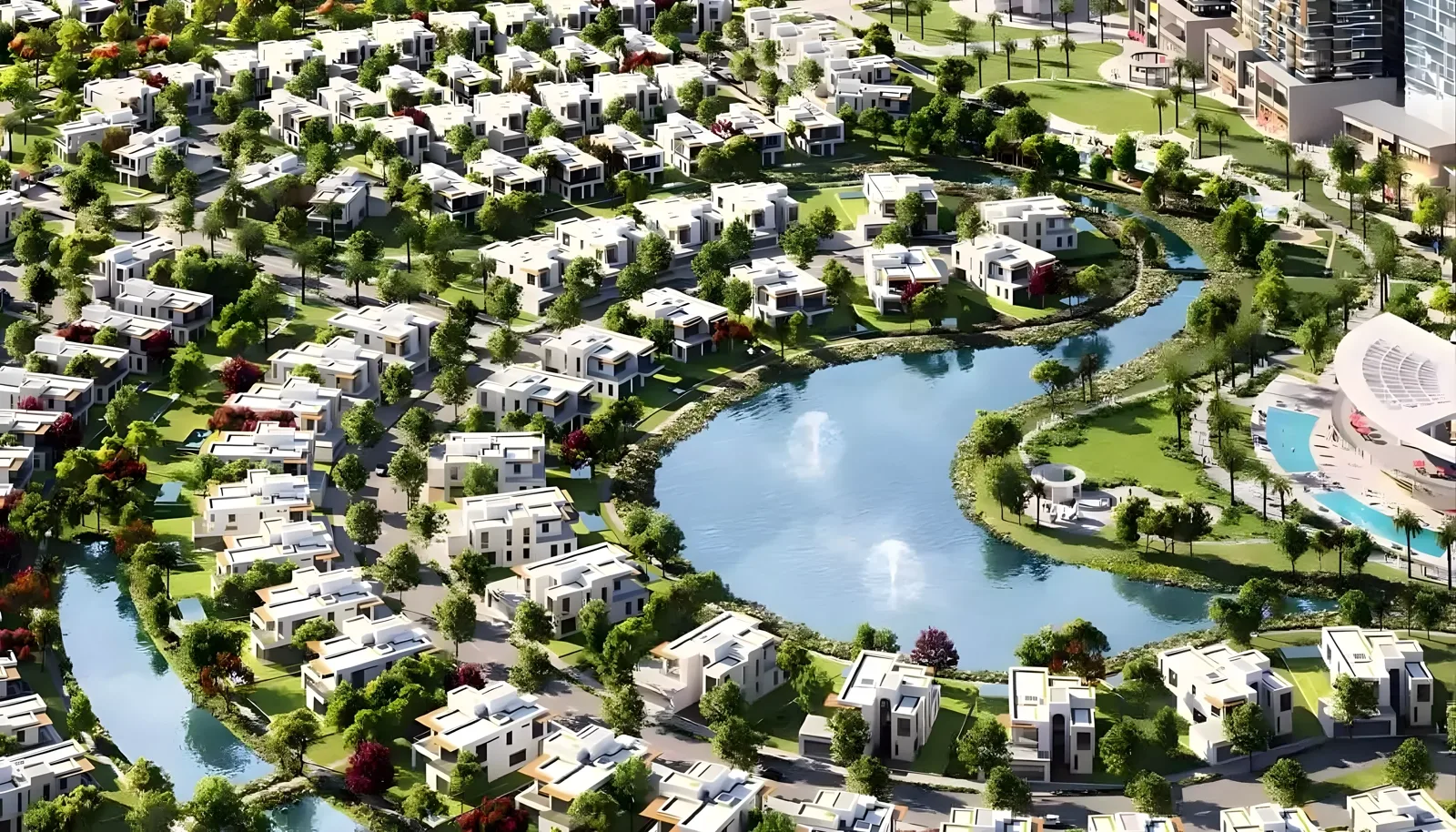 Hayat 6 Dubai South — Property Finder project gallery aerial of townhouses around the lagoon