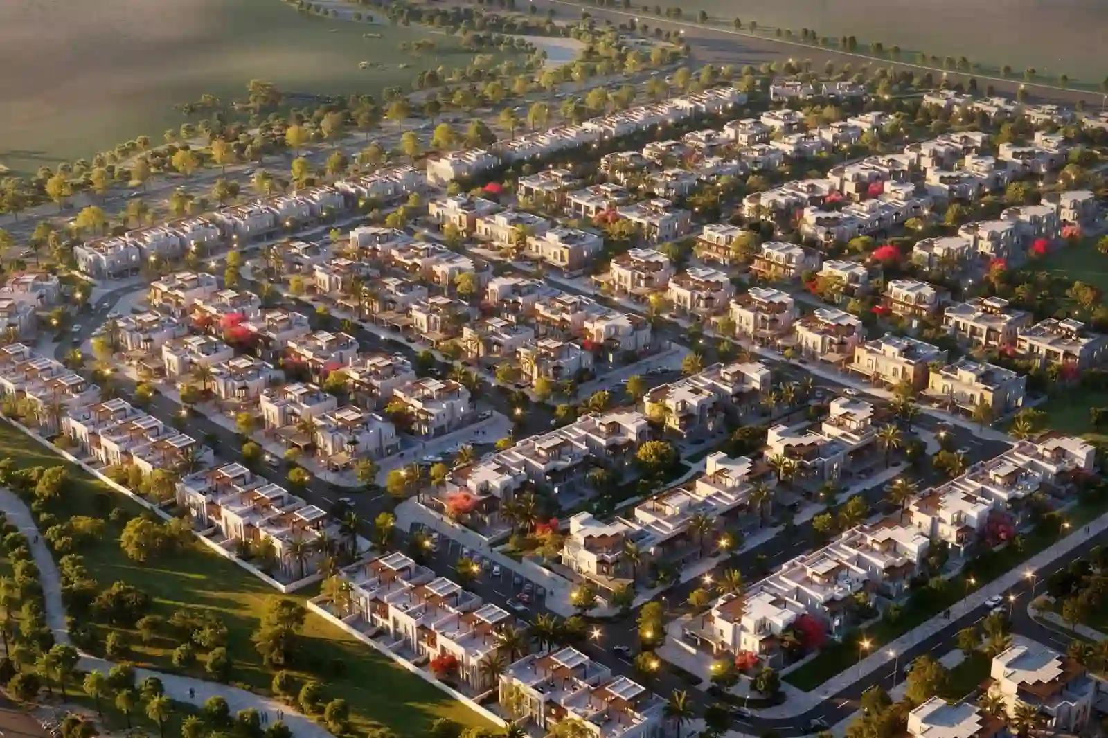 Hayat Dubai South — marketing dusk aerial of residential streets and lagoon edge