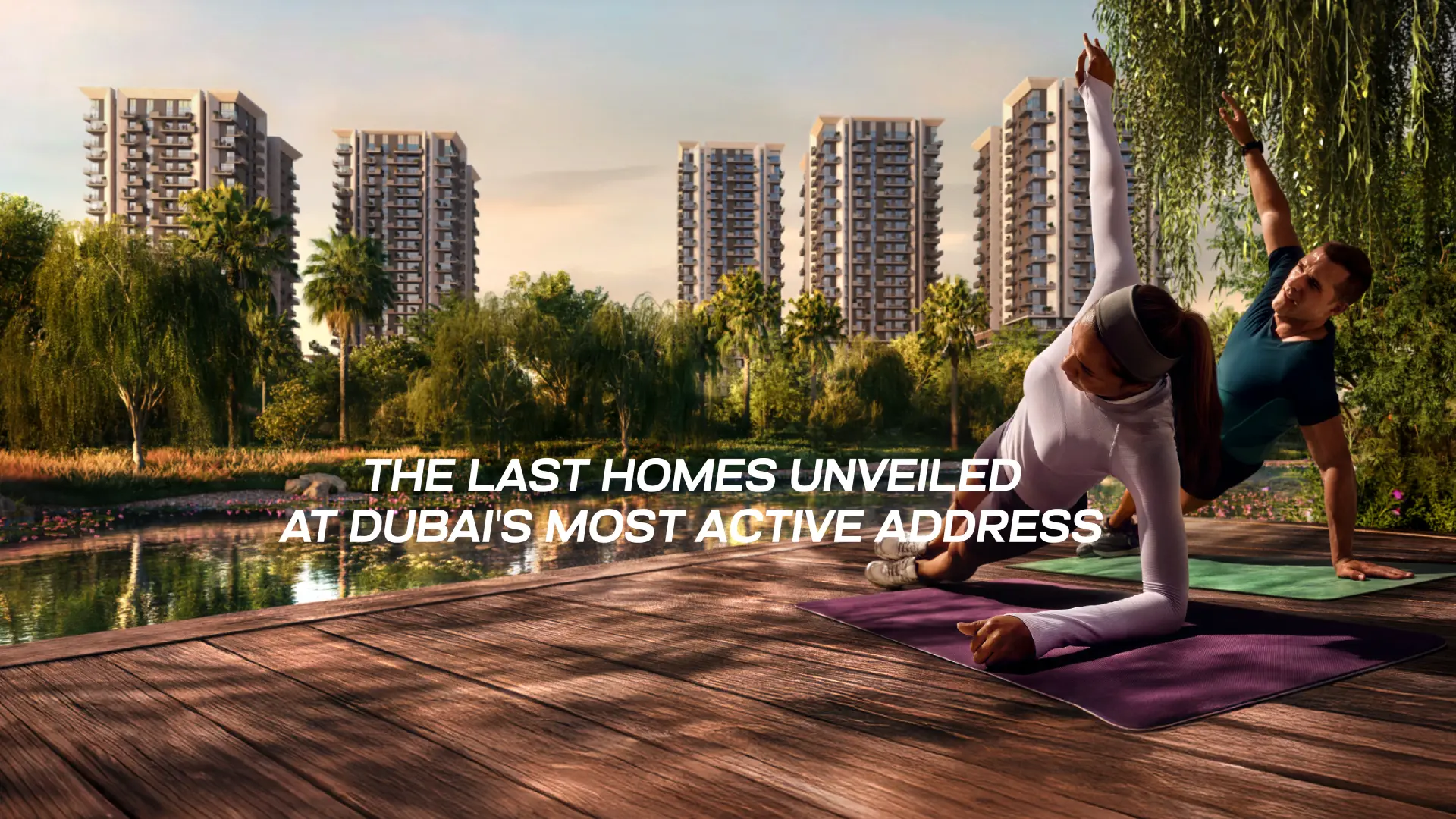 Official Rise by Athlon lifestyle still — lakeside deck with the apartment cluster beyond; collection amenity, not Magenta-only