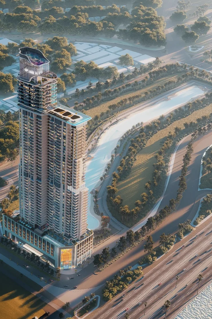 Mansory Residences — aerial of the labelled tower beside a lagoon and Ras Al Khor Road