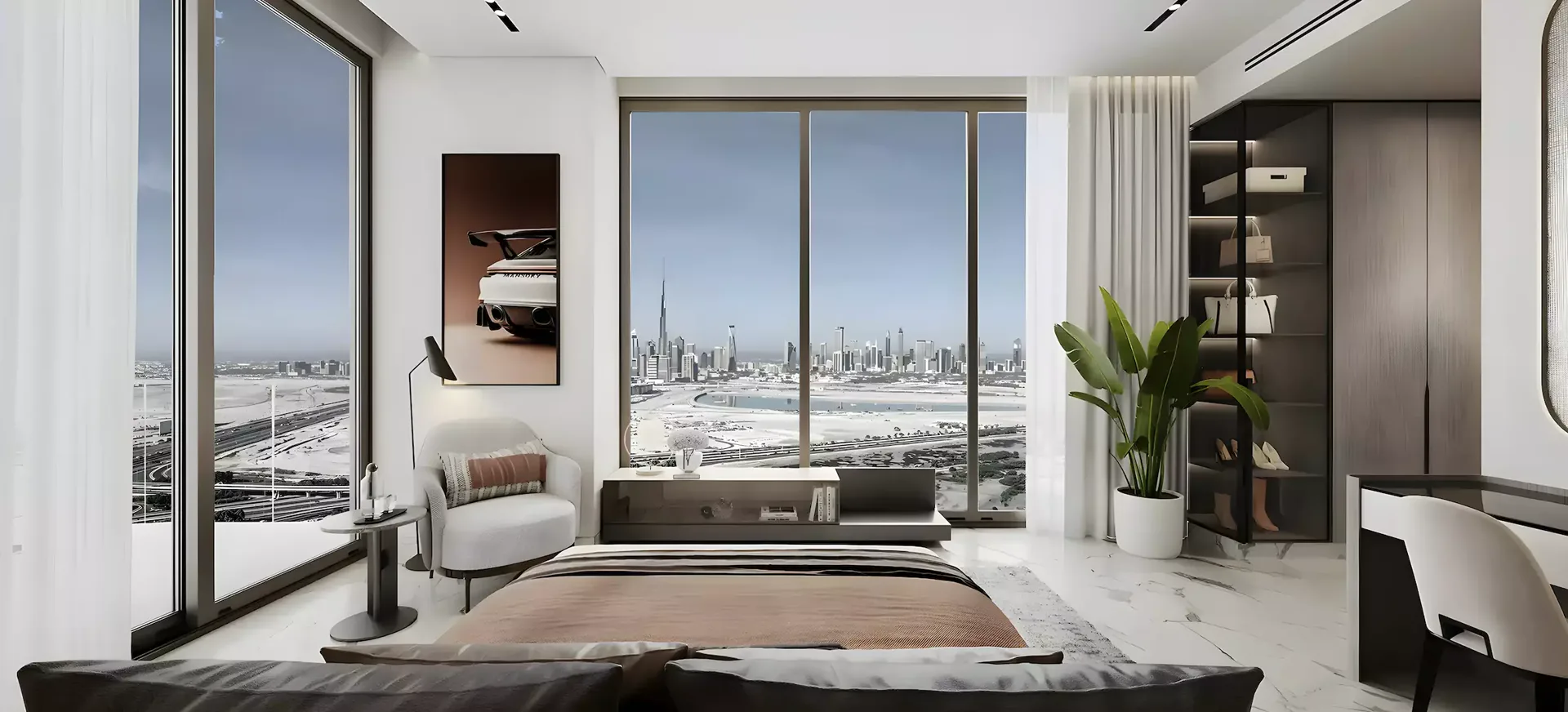 Mansory Residences — leftover bedroom render with Downtown skyline and a supercar artwork