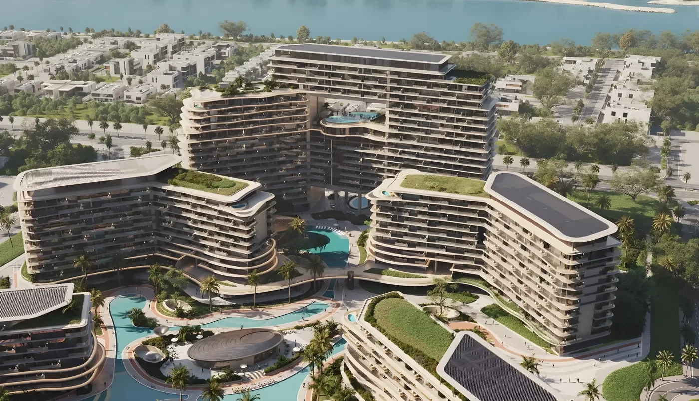 The Meriva Collection aerial marketing still showing multi-building coastal massing