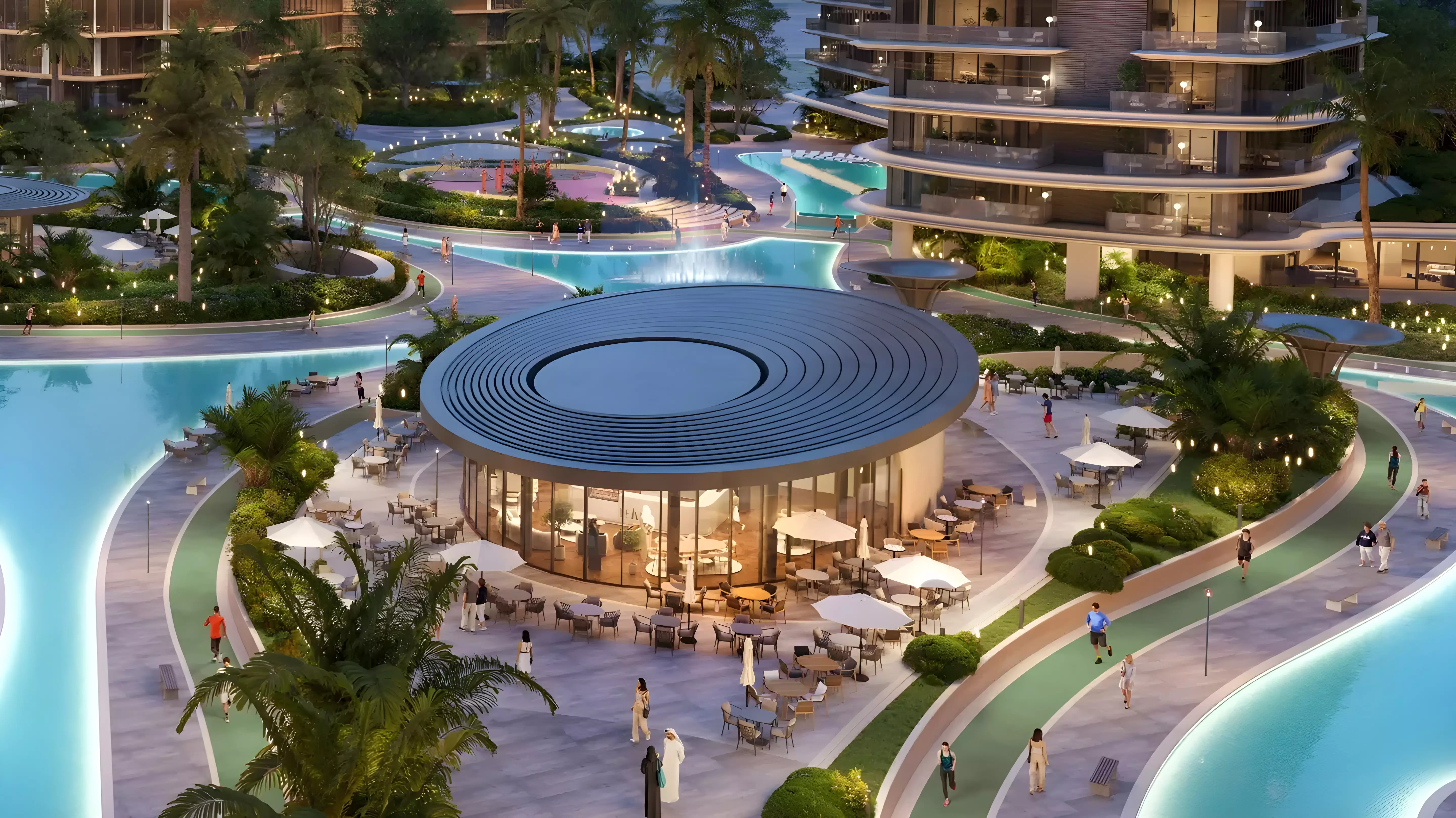Meriva Collection — wide coastal massing marketing still from Property Finder Meriva Sunset gallery