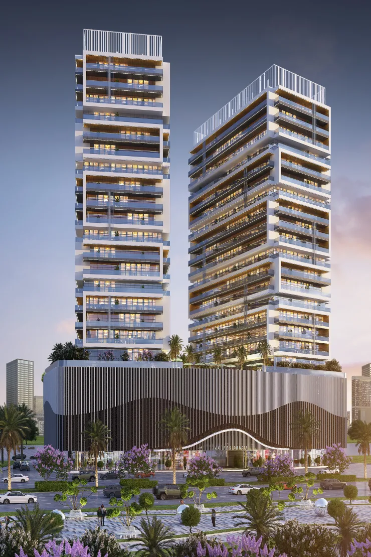Noble Crest Residences — full street elevation of the same twin towers over the wavy-fin podium