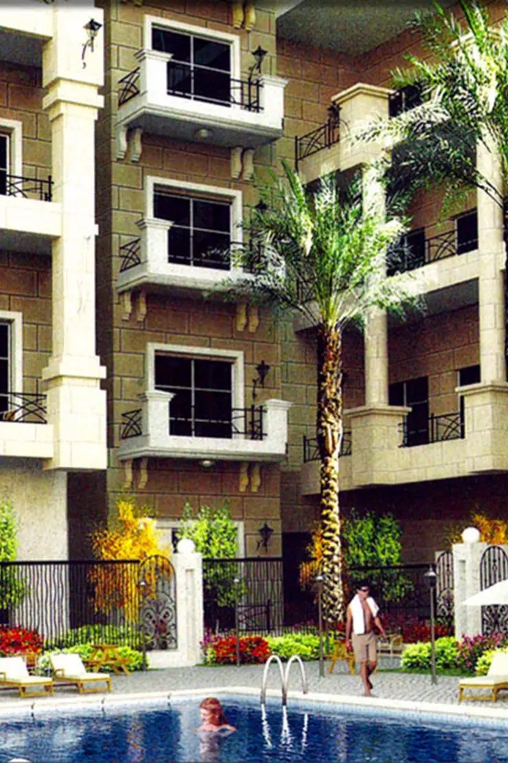 Paradise One — courtyard pool and façade marketing still