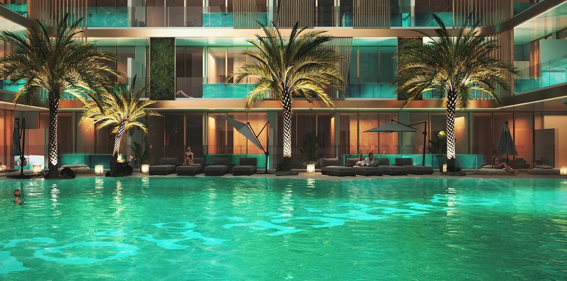 Peace Lagoons 2 — official night pool deck under palms and lit podium glass