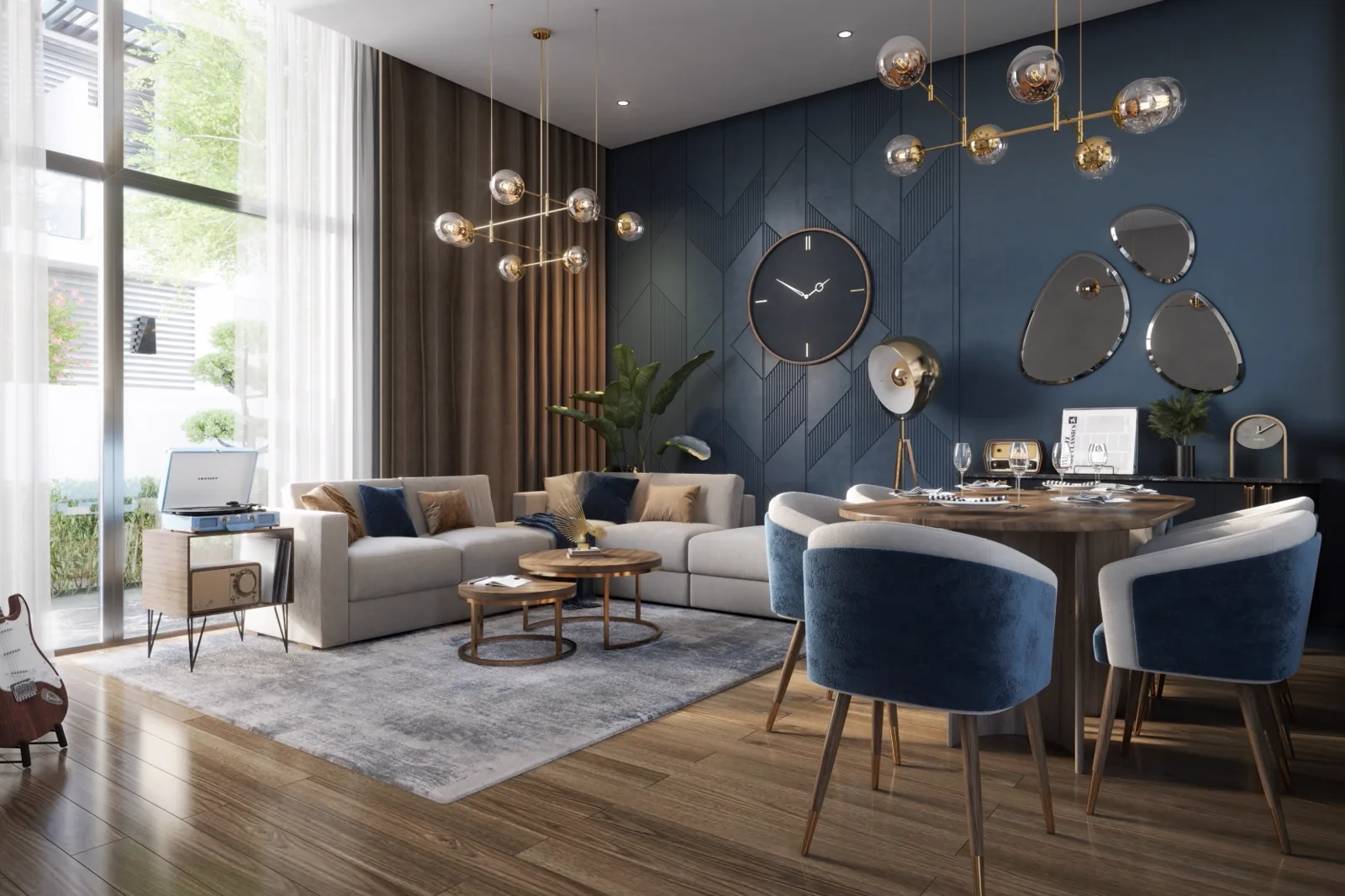 R. Hills — Propsearch living and dining render with a navy wall and gold chandelier