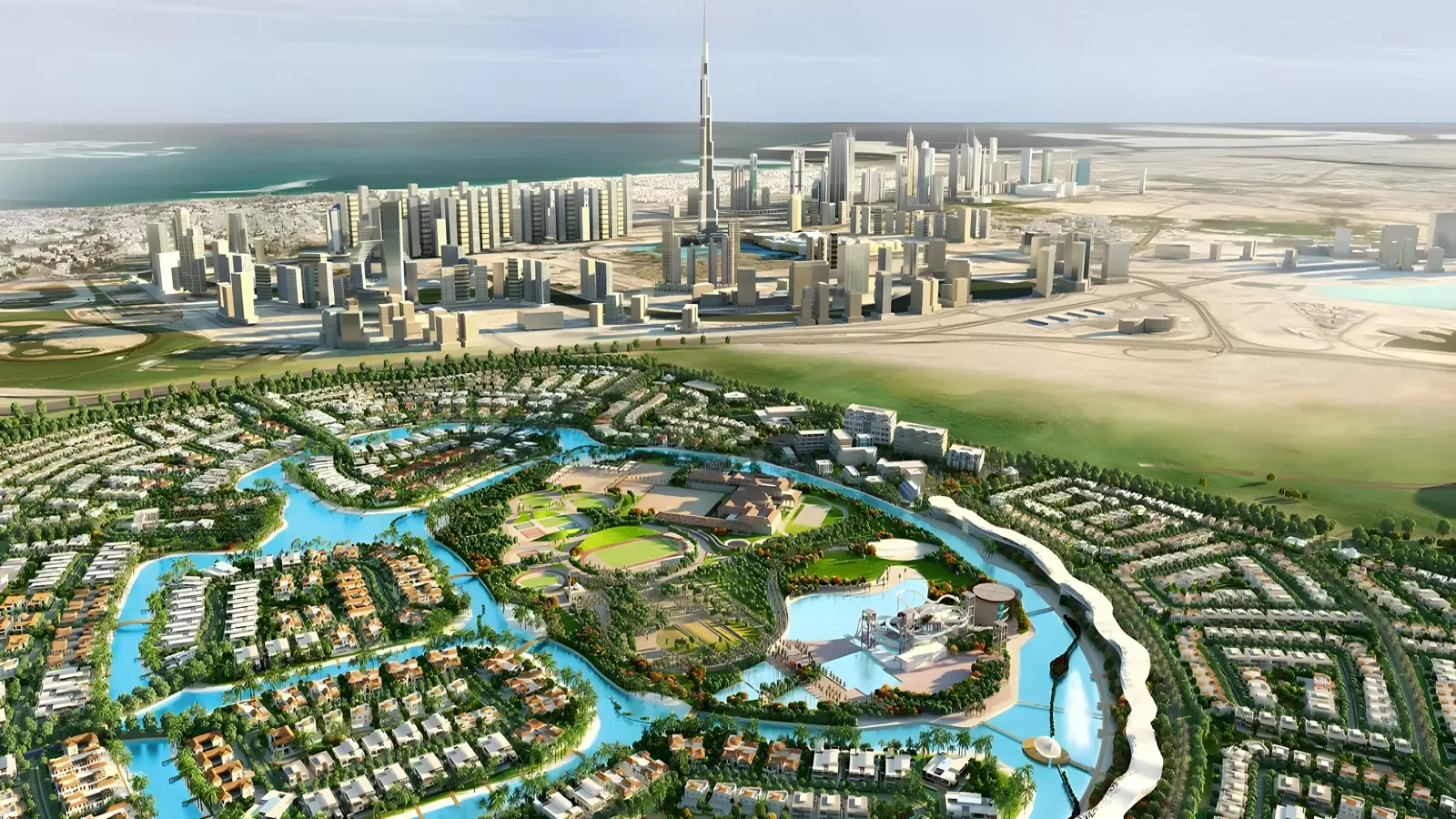 Rabdan Avenue — marketing aerial context of Meydan / MBR City waterways with Downtown Dubai skyline
