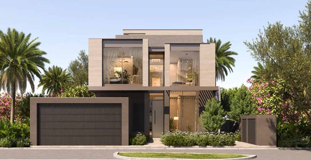 Raiha — official street still of a 6-bedroom independent villa with garage and dark vertical fins