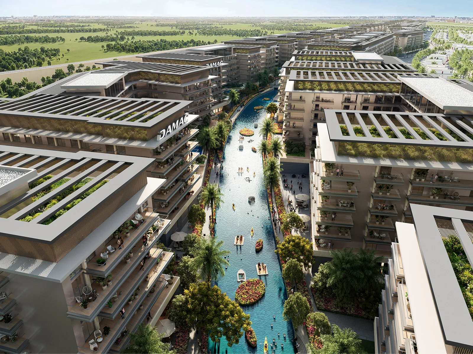 DAMAC Riverside Views — aerial canal marketing render between apartment blocks (collection context)