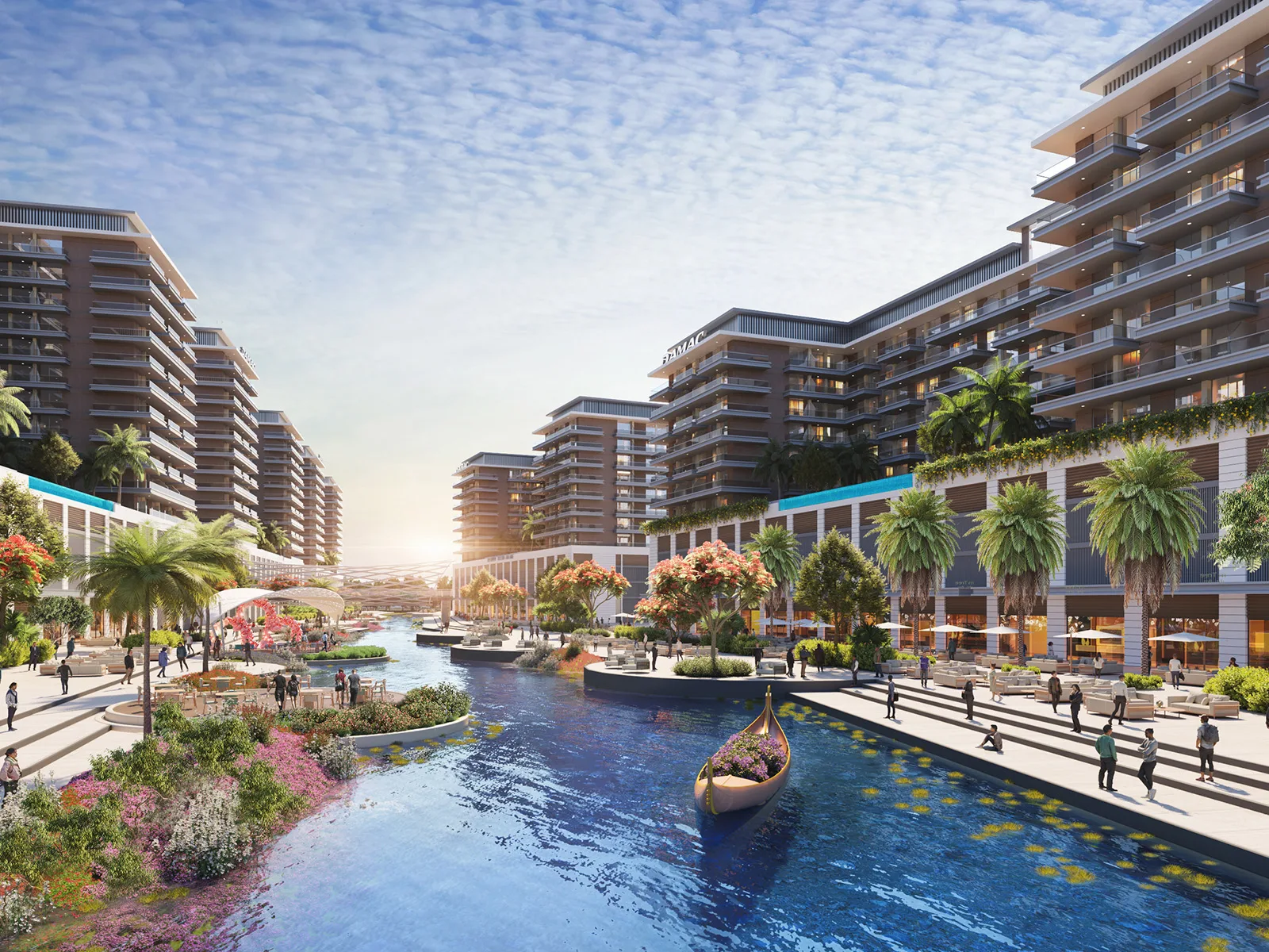 DAMAC Riverside Views — canal promenade and mid-rise residences marketing render (collection context for Indigo 1)