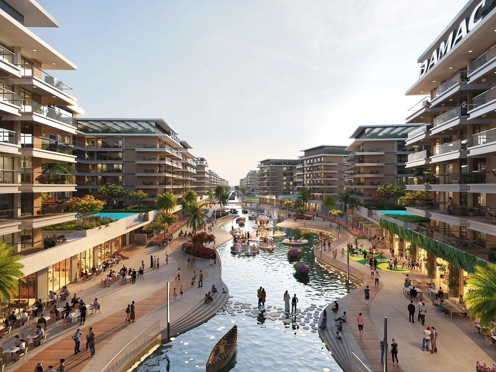 DAMAC Riverside Views — evening canal walkway between apartment buildings marketing render