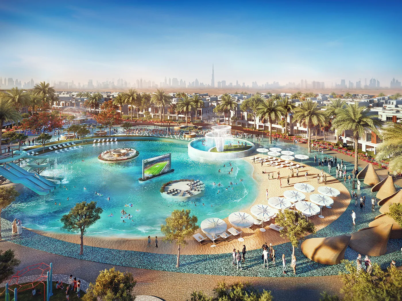 DAMAC Riverside — Malibu Cove lagoon and beach amenity marketing render (campus-level, not Royal 1-only)